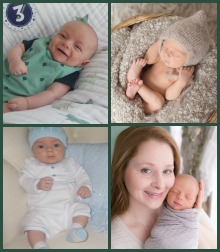 Collage of baby swaddled and pressed to mom's face and other poses