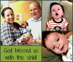 Collage of adoptive couple with child and two other pictures of baby