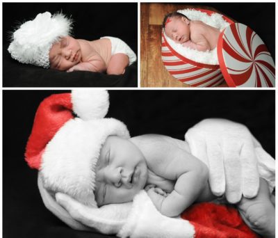 Collage of adopted baby with Santa hat and in a gift box
