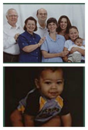 Collage of extended family with adopted baby and baby on his own