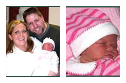 Collage of adoptive parents Kendall and Shari with baby girl
