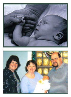 Collage of black and white of adult holding newborn's hand and adoptive couple at Lifetime Adoption