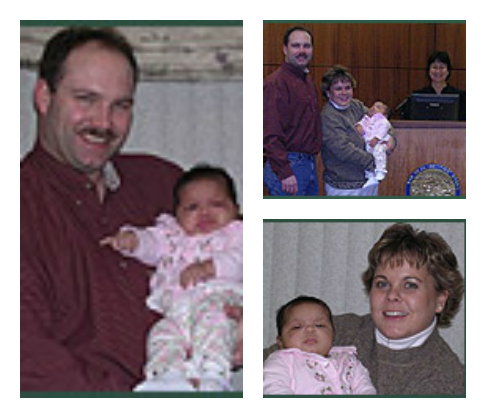 Collage of adoptive parents with baby girl including at adoption hearing