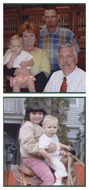 Collage of adopted baby with parents and judge and sister
