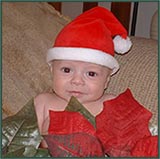 baby in Santa hat in front of poinsetta
