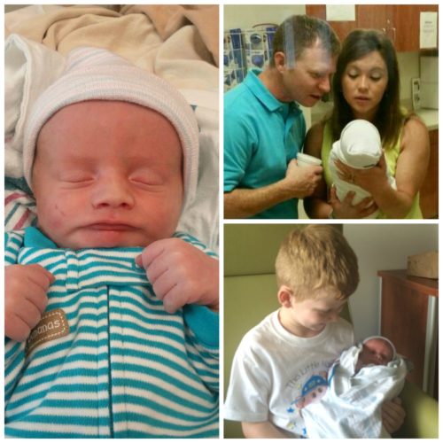 collage of adopted newborn with parents and big brother