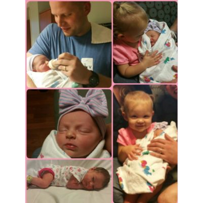 Collage of dad and two-year old sister holding adopted baby