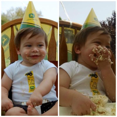 2 photos of a boy at his John Deere-themed first birthday party