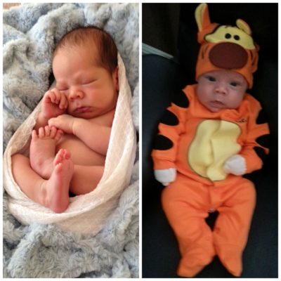 collage of adopted newborn swaddled and in Tigger costume