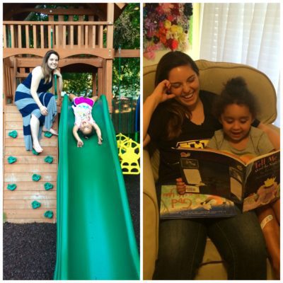 Collage of toddler with mom on slide and reading