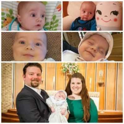 Collage of 4 baby pictures and one with parents at church
