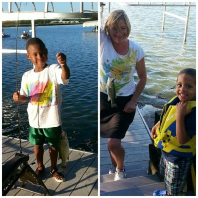 Collage of two photos of boys fishing with their mother