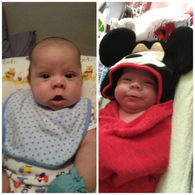 Side by side pictures of baby with bib and Mickey Mouse towel on