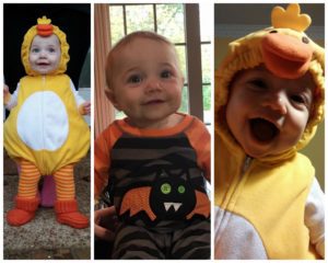 Adopted baby in Halloween chicken costume collage