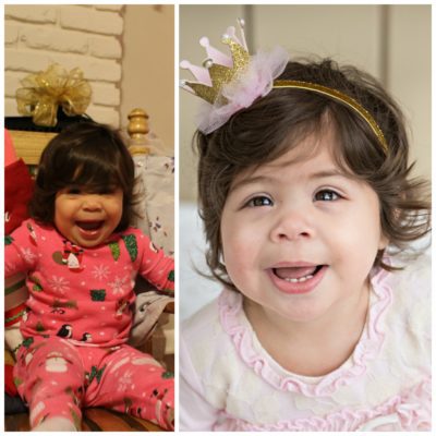 Collage of 1 year old adopted girl with crown headband