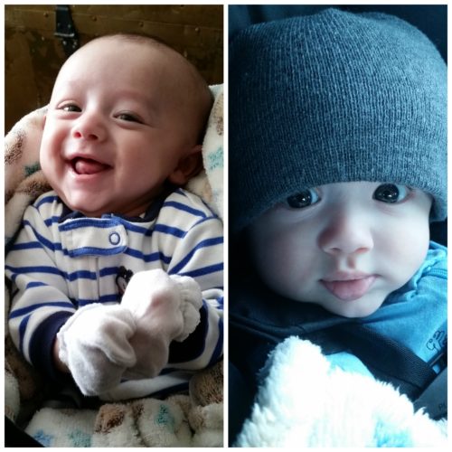 Collage of baby boy with striped onesie and mittens and gray beanie