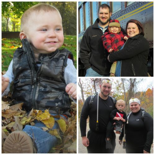 Collage of baby boy in leaves, standing by train and with family in scuba shirt