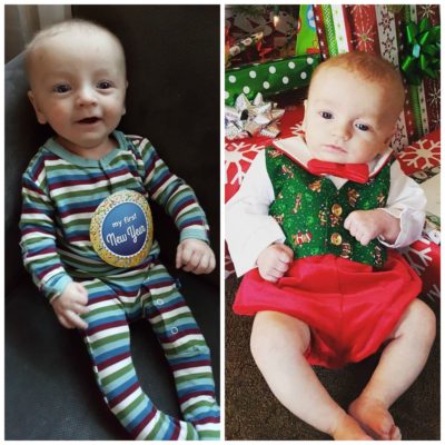 2 photos of a baby boy in Christmas and New Year's outfits