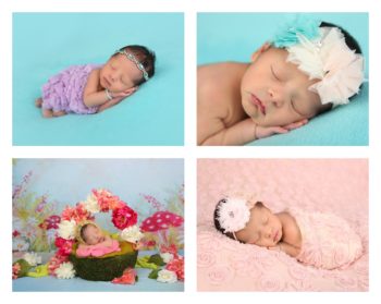 collage of infant baby photographed in different poses with florals and jewelry