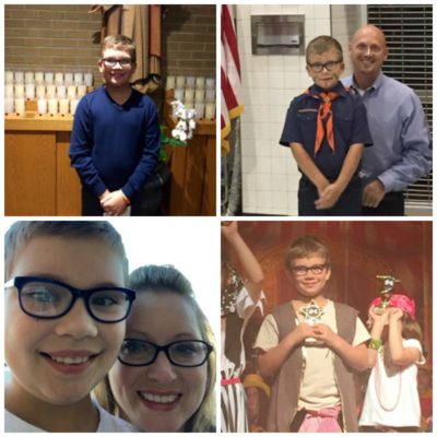 collage of boy with glasses at church, boy scouts and with mom
