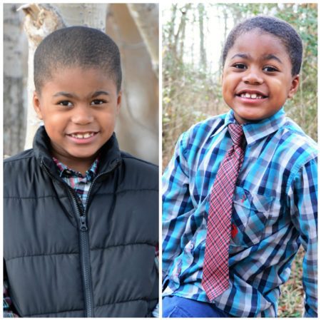 two photos of young boy smiling