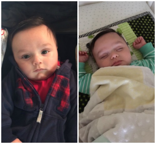 Collage of baby boy in fleece coat and sleeping with hands up.