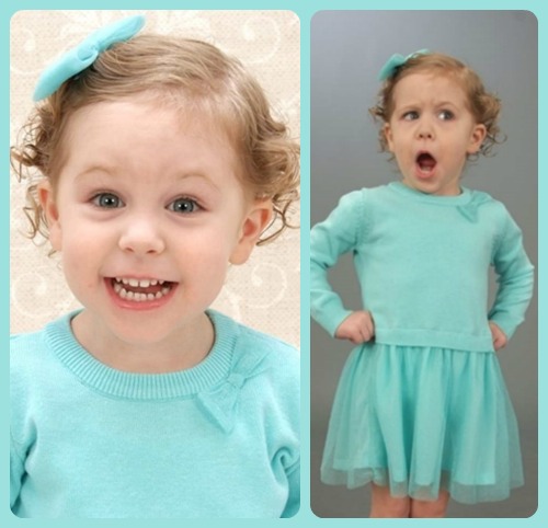 Two photos of a little girl in an aqua outfit