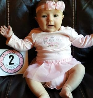 Baby with two months sign and Princess onesie skirt