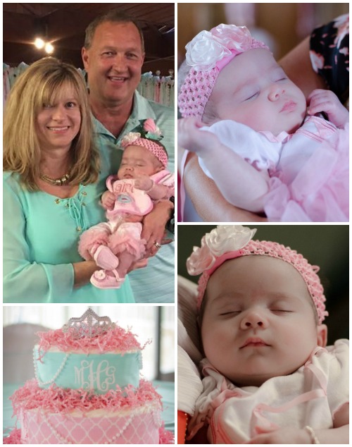 Collage baby girl with pink headband, a cake and parents holding baby
