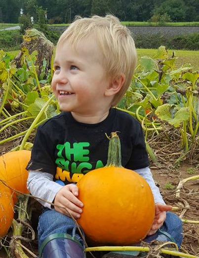Smiling blond little boy in a pumpkin patch