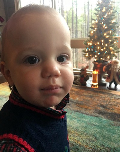 Toddler boy near a Christmas tree turns to look at the camera