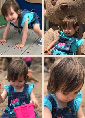 Collage of little girl in overalls at park