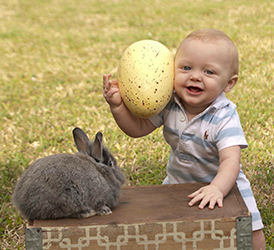 Nine-month-old Lifetime baby Jack poses by a bunny while holding a large decorative egg