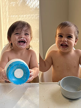 Twin boys enjoying their food